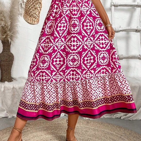 Hot Pink Boho Women's Colorblock Floral Print Ruffle Hem Skirt Maxi Outfit - Picture 3 of 8